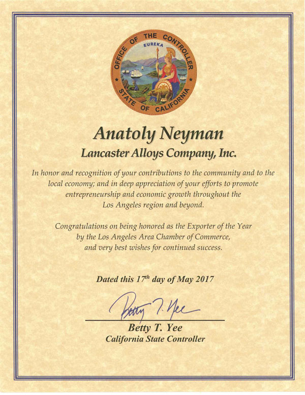2017 Exporter of the Year, Anatoly Neyman, Lancaster Alloys Company, Inc.